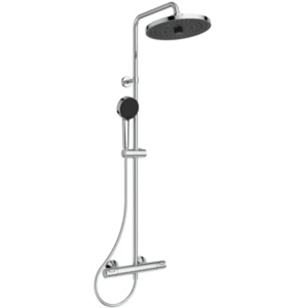 Duschsystem von Ideal Standard mit einer Wandmontage, bestehend aus einer Kopfbrause und einem thermostatischen Brausethermostat. Chromfarbene Oberfläche, schlankes Design.